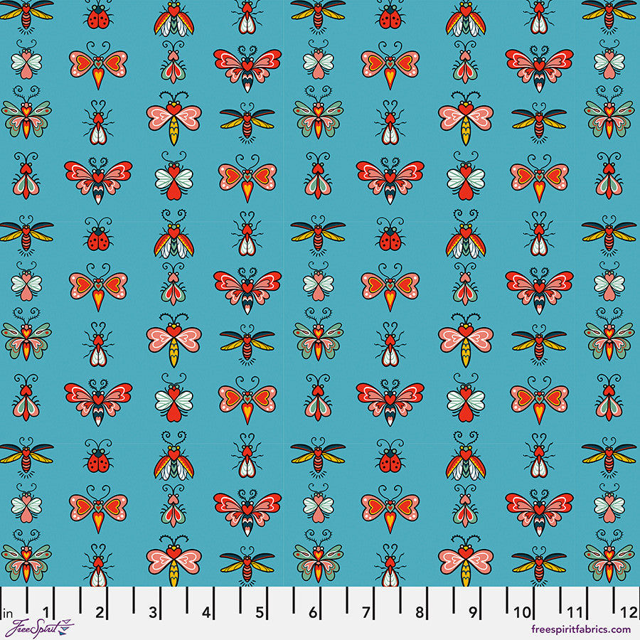 Love Letters- Teal Love Bugs: Sold by the 1/2 yard.