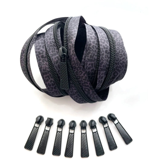 Gray/Black Leopard Zipper Tape and Zipper Pulls