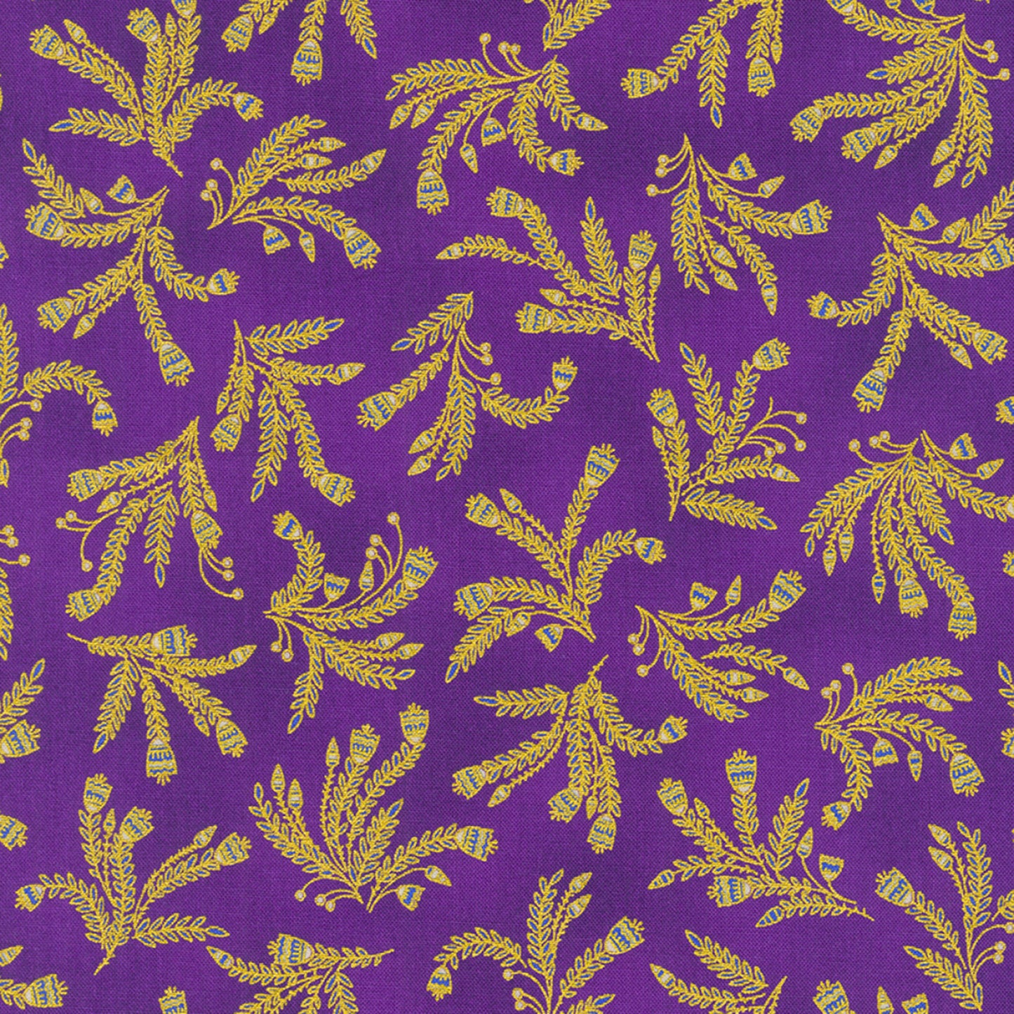 Ancient Beauty- Aubergine Sprigs with Metallic: Sold by the 1/2 yard.