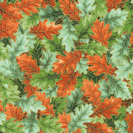 Sweet Pumpkin Spice- Sage Leaves with Metallic: Sold by the 1/2 yard.
