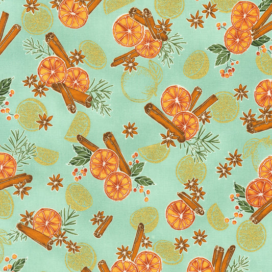 Sweet Pumpkin Spice- Sage Oranges with Metallic: Sold by the 1/2 yard.