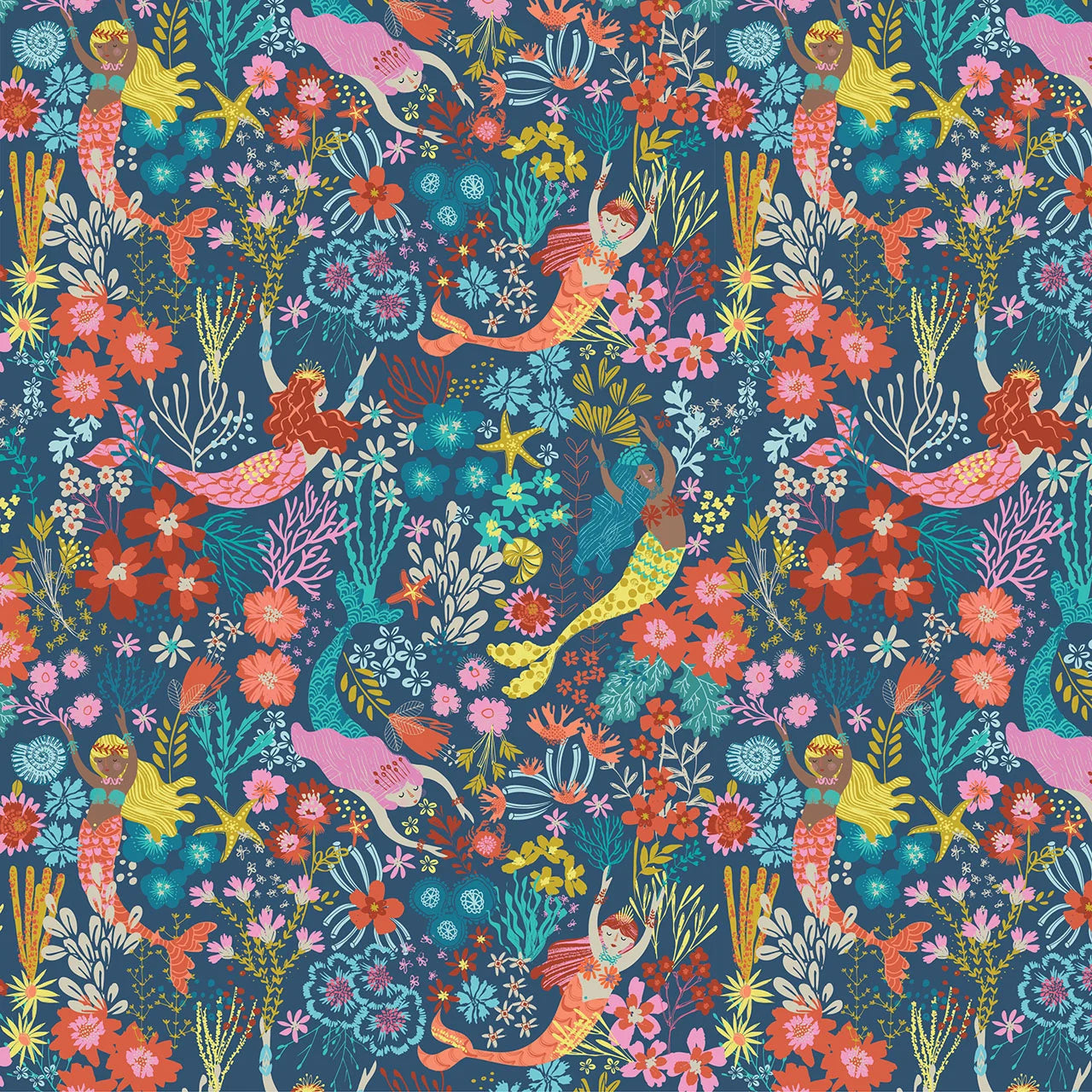 Sirens Seas- Coral Queens: Sold by the 1/2 yard