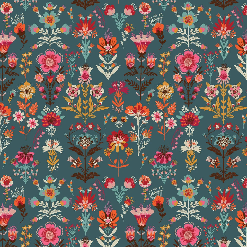 Fine Folk- Blue Country Blooms: Sold by the 1/2 yard