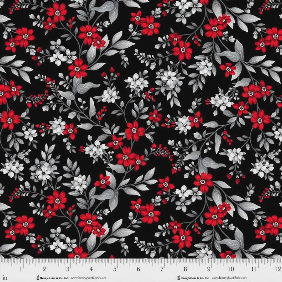 Scarlet's Treasure- Black Red Floral Vine: Sold by the 1/2 yard.