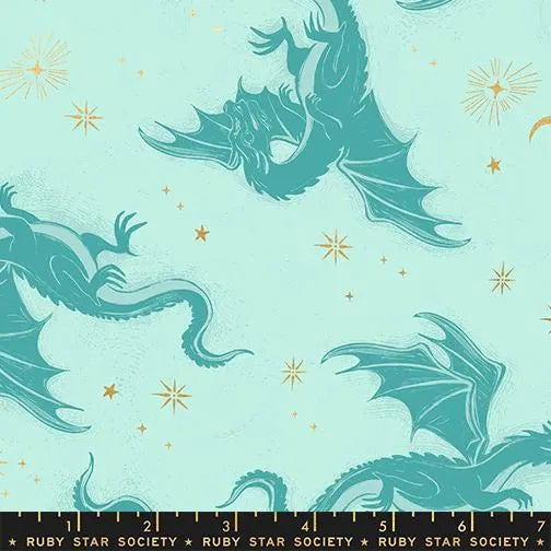 Fireglow- Mint Metallic Etched Dragons: Sold by the 1/2 yard