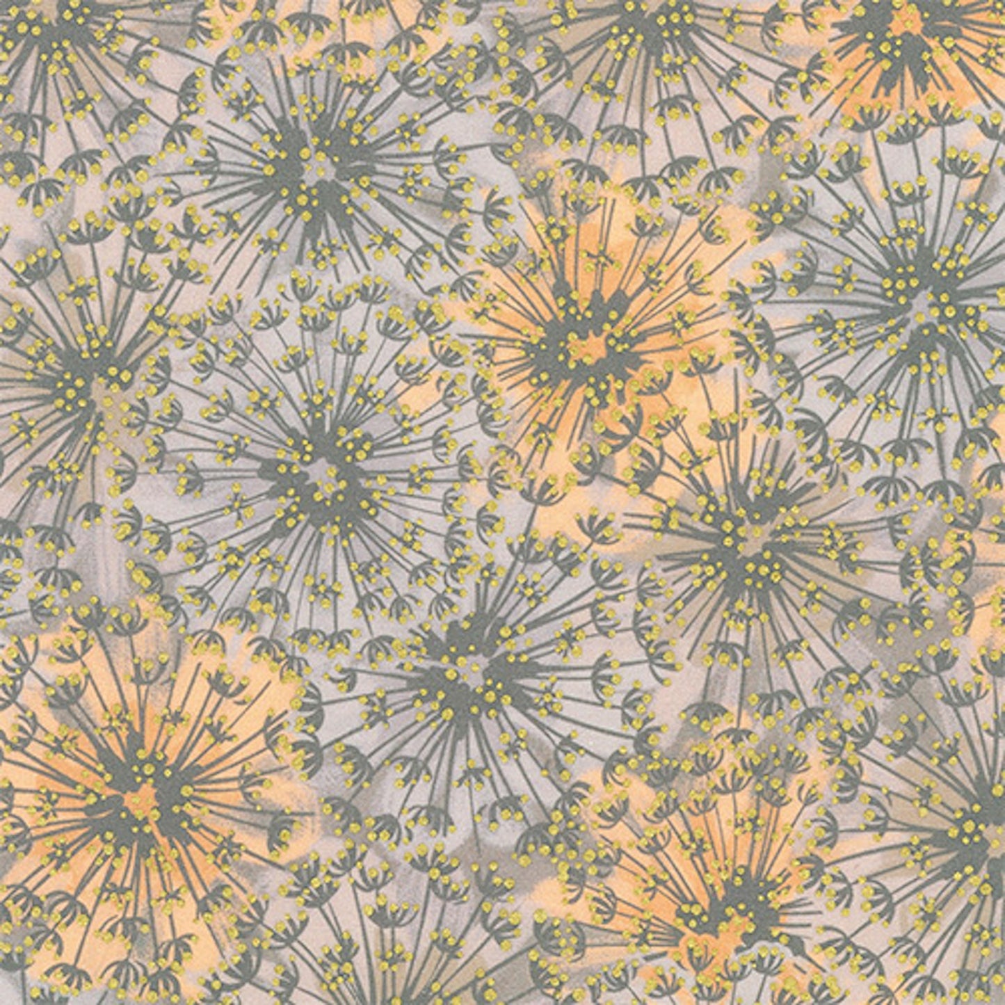Summerstone- Pewter Dandelions with Metallic: Sold by the 1/2 yard.