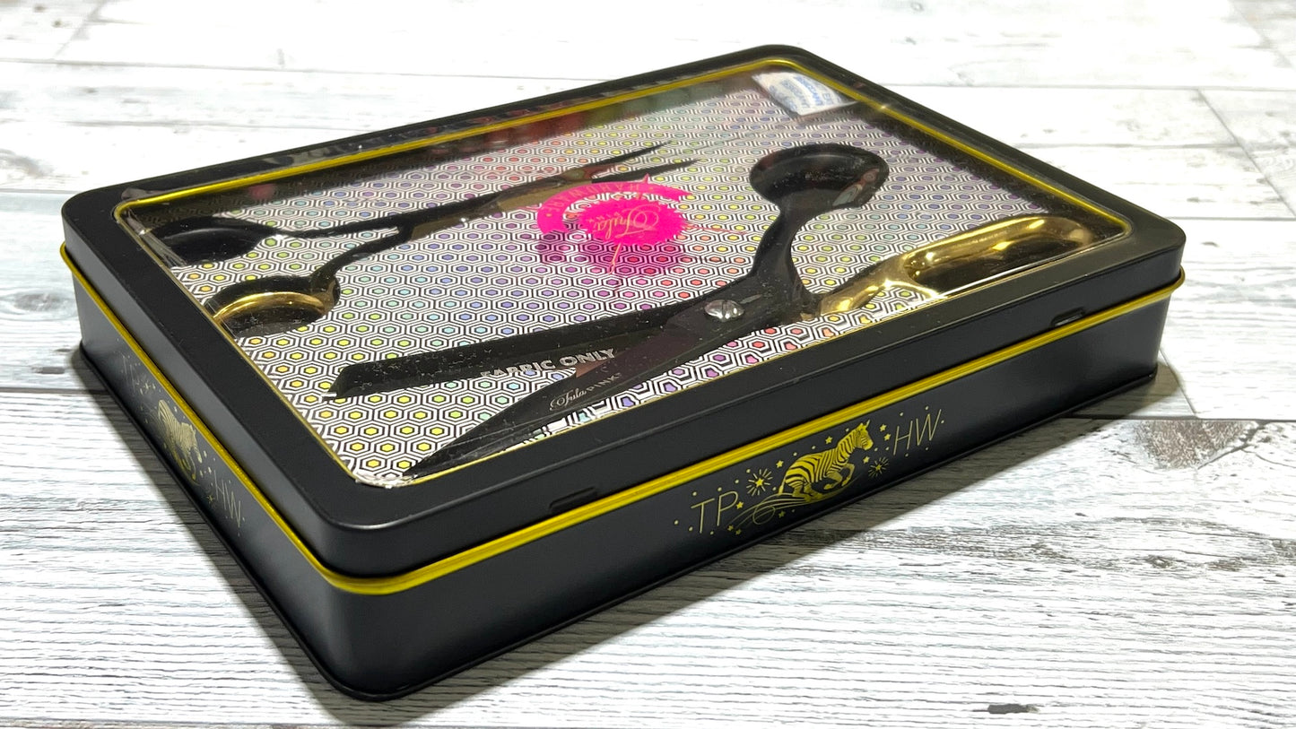 Tula Pink Limited Edition Black & Gold Scissor Tin - 2- 8"/6" Scissors
