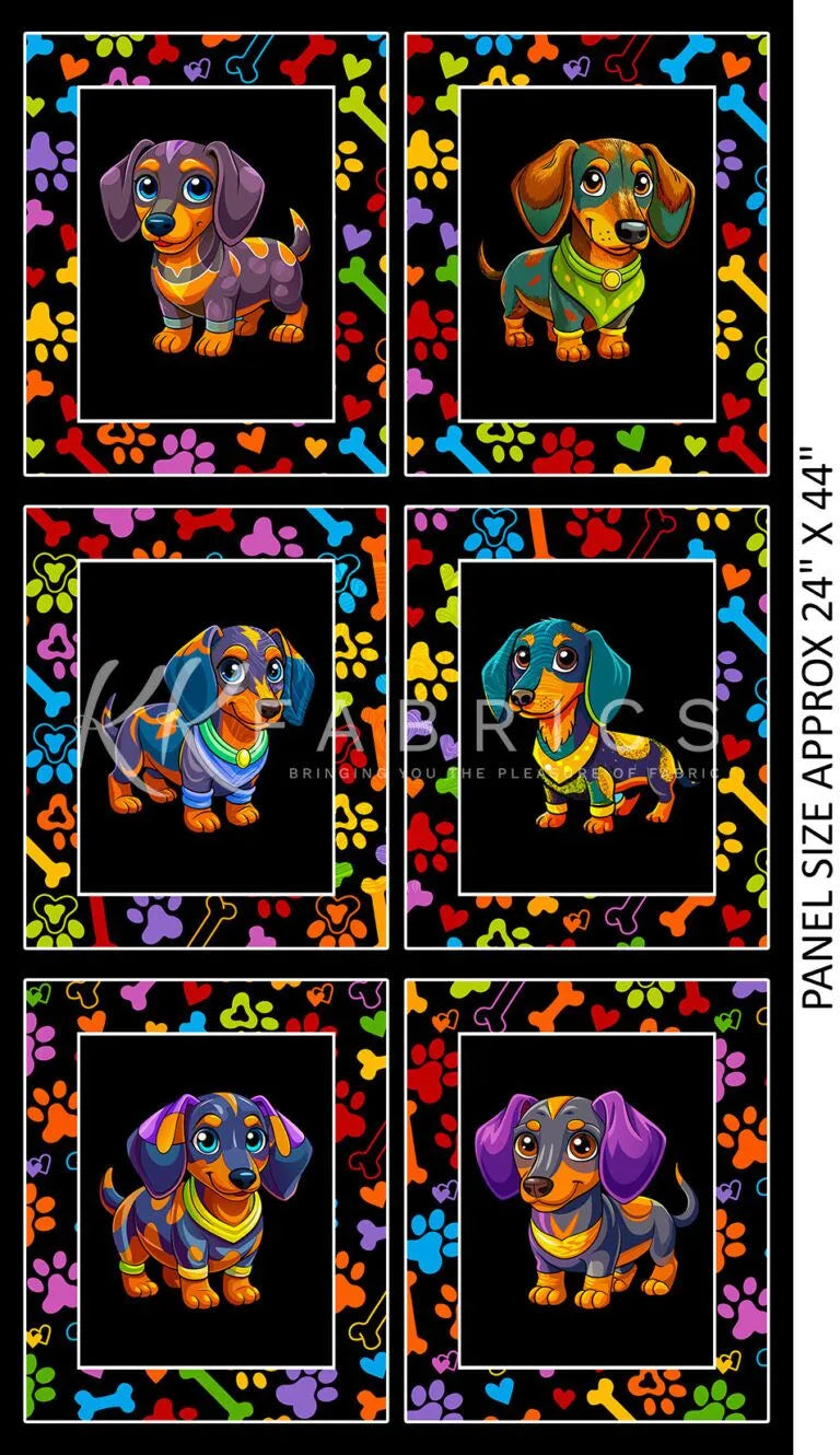 Dappy Dachshunds- Black 24in Panel: Sold by the PANEL
