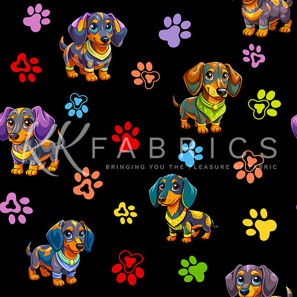 Dappy Dachshunds- Black Dachshunds & Pawprints: Sold by the 1/2 yard