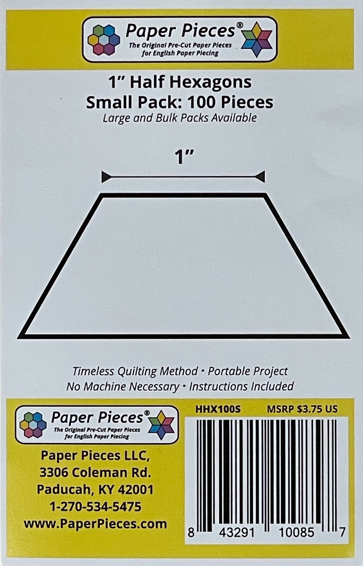 Paper Pieces- 1" Half Hexagons 100 Pieces