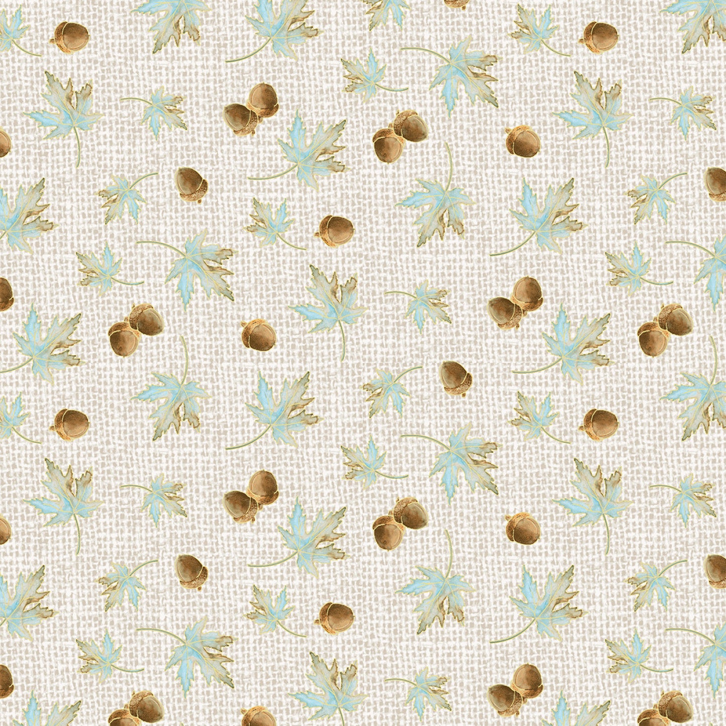 Pumpkin Kisses- Cream/Blue Tossed Leaves and Acorns Metallic: Sold by the 1/2 yard.