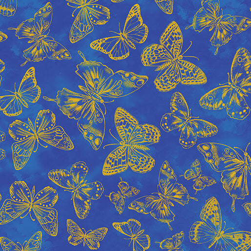 Metallic Impressions- Cobalt Metallic Butterfly Impressions: Sold By The 1/2 yard