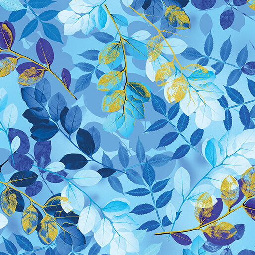 Metallic Impressions- Light Blue Metallic Ethereal Leaves: Sold By The 1/2 yard