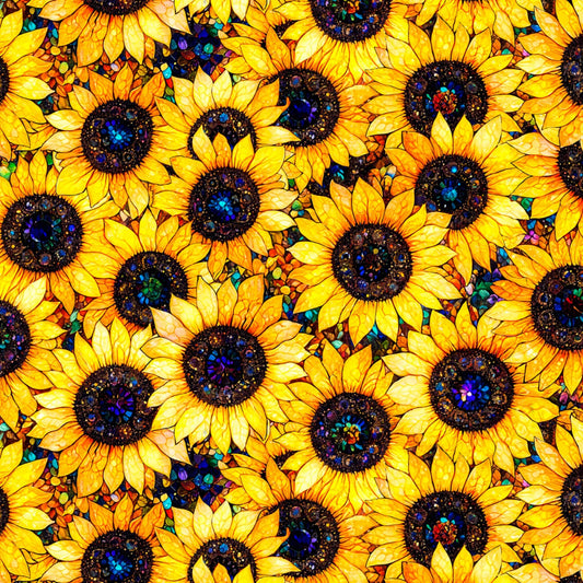 Sonny in the Sunflowers- Yellow Stained Glass Sunflowers: Sold by the 1/2 yard.