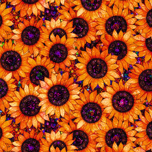 Sonny in the Sunflowers- Orange Stained Glass Sunflowers: Sold by the 1/2 yard.