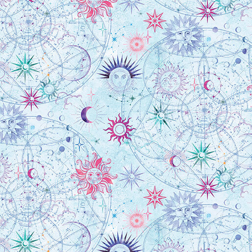 Celestial Skies- Light Turquoise Pearlescent Sun and Moon: Sold By The 1/2 yard