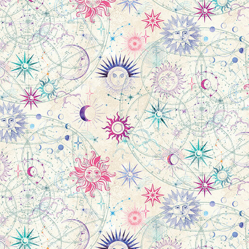 Celestial Skies- Cream Pearlescent Sun and Moon: Sold By The 1/2 yard