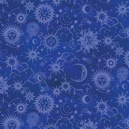Celestial Skies- Lapis Pearlescent Sun and Moon Tonal: Sold By The 1/2 yard
