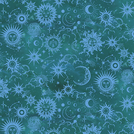 Celestial Skies- Teal Pearlescent Sun and Moon Tonal: Sold By The 1/2 yard