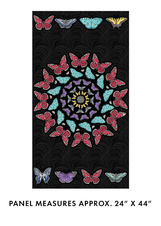 Circle of Butterflies- Black/Multi Circle of Butterflies 24" Panel: Sold By The Panel