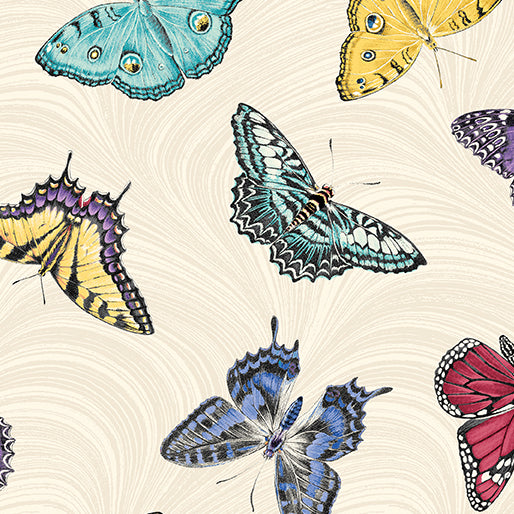 Circle of Butterflies- Cream/Multi Butterfly Nouveau Toss Pearl: Sold By The 1/2 Yard