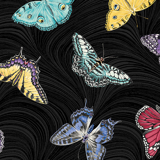 Circle of Butterflies- Black/Multi Butterfly Nouveau Toss Pearl: Sold By The 1/2 Yard