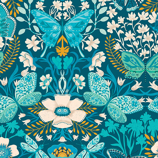 Mirrors- Teal Butterfly Abundance: Sold by the 1/2 Yard
