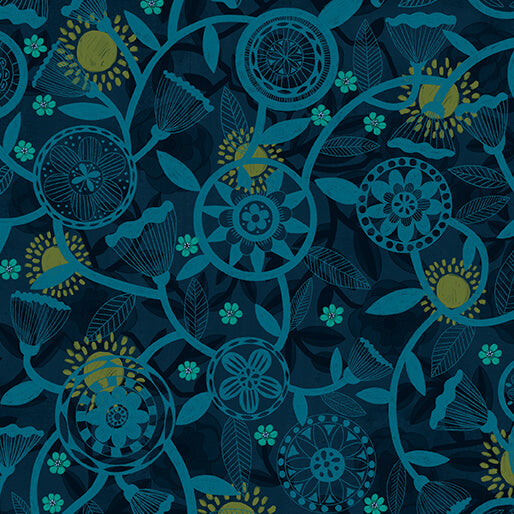 Mirrors- Dark Teal Circle Magic: Sold by the 1/2 Yard