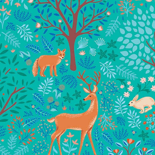 Flora and Fauna, Midnight- Turquoise Feature: Sold By The 1/2 Yard