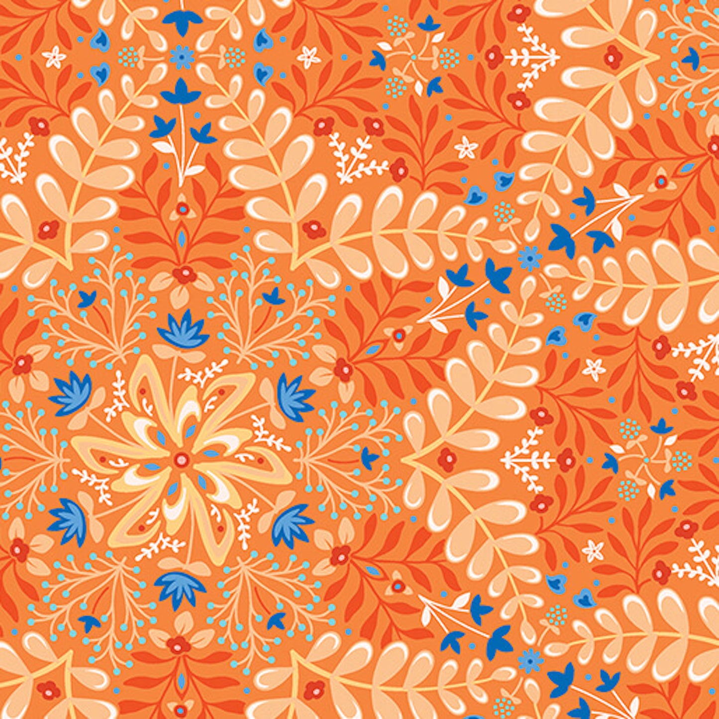 Flora and Fauna, Midnight- Apricot Medallion: Sold By The 1/2 Yard