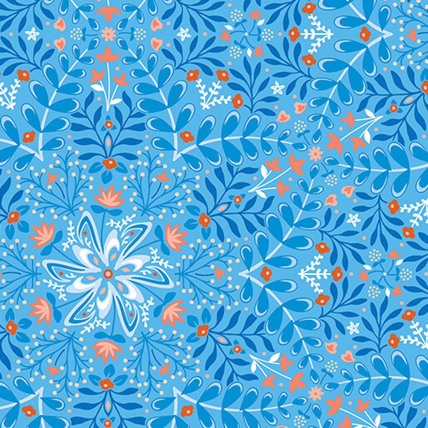 Flora and Fauna, Midnight- Periwinkle Medallion: Sold By The 1/2 Yard