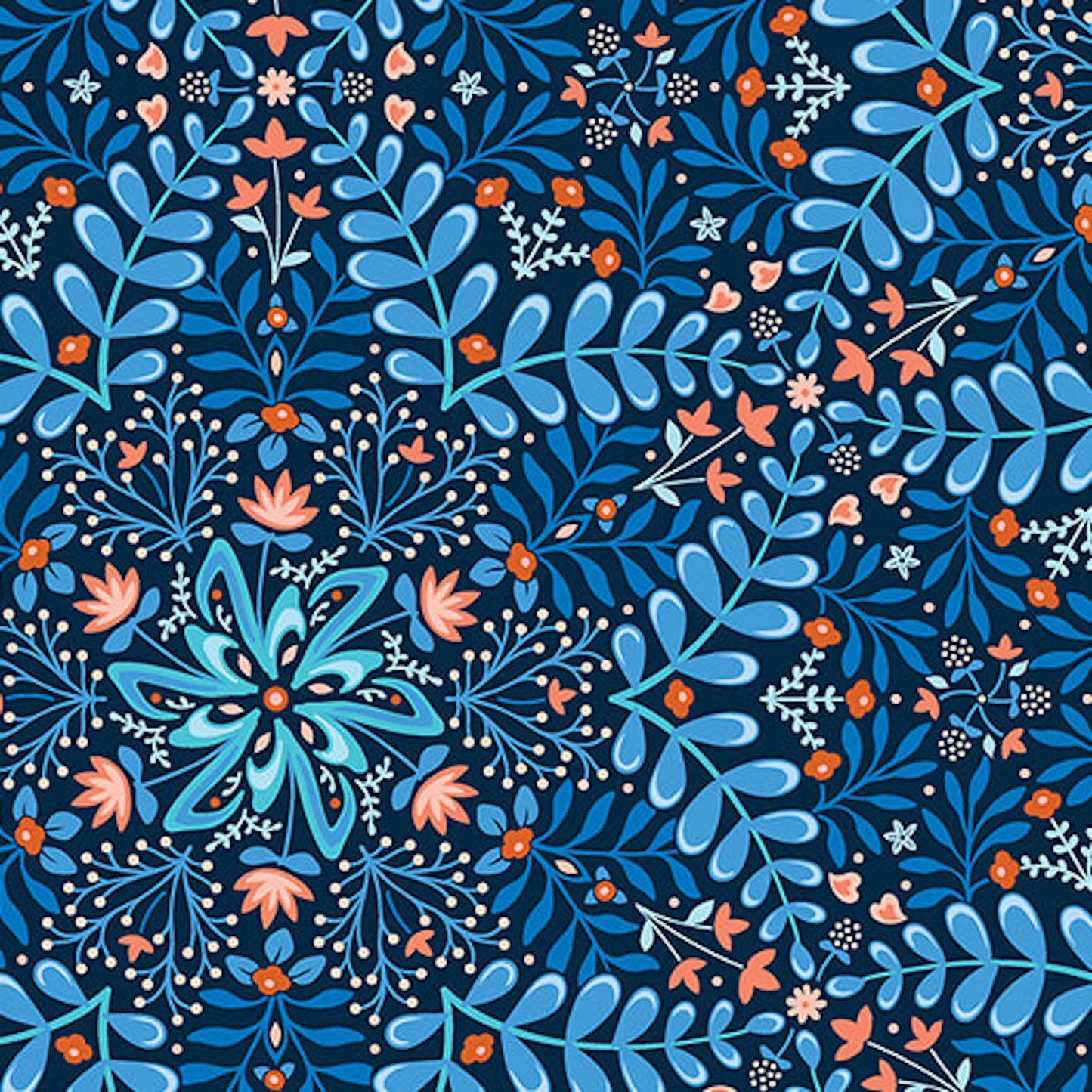 Flora and Fauna, Midnight- Sapphire Medallion: Sold By The 1/2 Yard