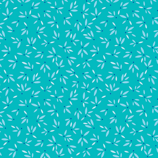 Flora and Fauna, Midnight- Turquoise Leaves: Sold By The 1/2 Yard