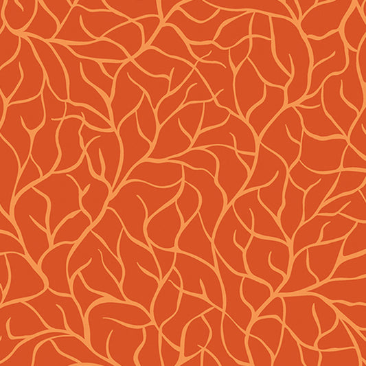 Flora and Fauna, Midnight- Orange Branches: Sold By The 1/2 Yard