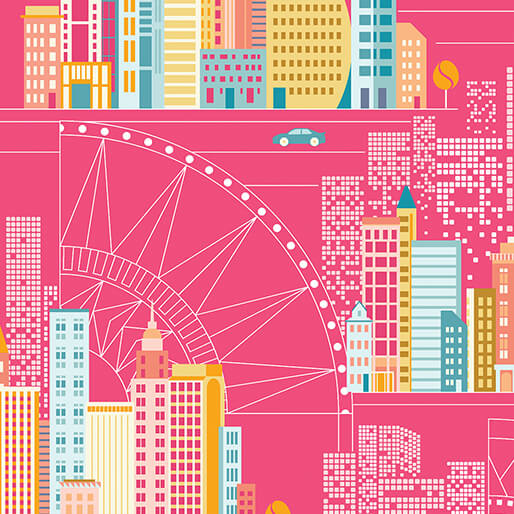Cityscape Day- Cerise City: Sold by the 1/2 yard