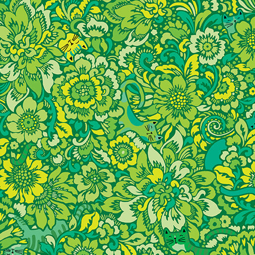 Cheeto's World- Grass Elegant Kitties: Sold By The 1/2 Yard