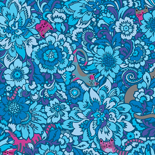 Cheeto's World- Blue Elegant Kitties: Sold By The 1/2 Yard