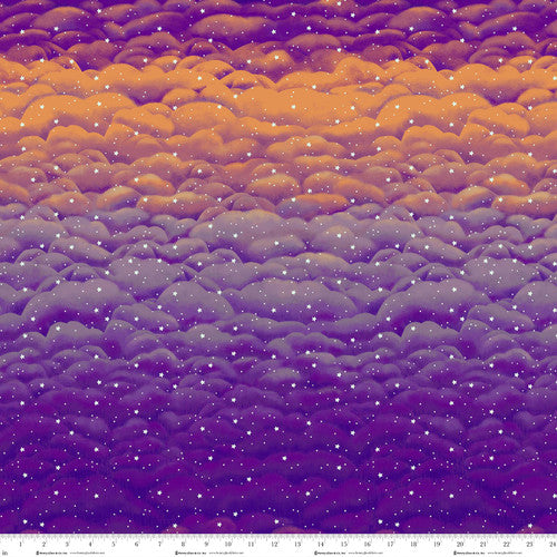 After Life Party- Purple Multi Clouds and Stars Glow: Sold by the 1/2 Yard