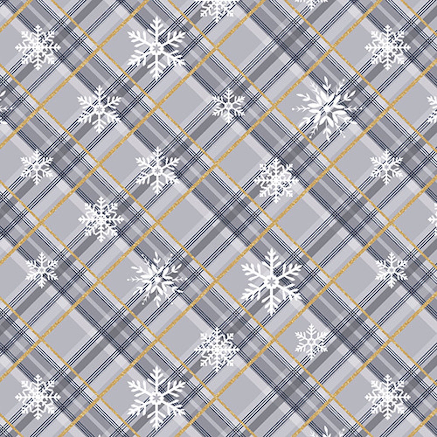 Majestic Winter- Gray Snowflakes Plaid with Gold Glitter