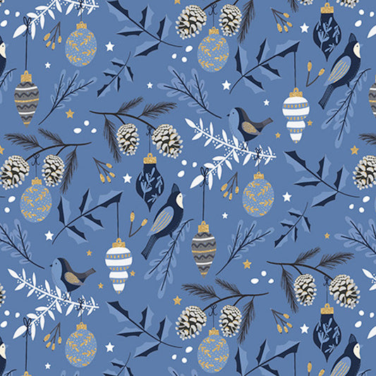 Majestic Winter- Blue Birds and Branches with Gold Glitter