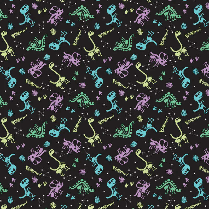 Dino Glow- Black Dino Dreams, Glow: Sold By The 1/2 Yard