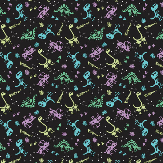 Dino Glow- Black Dino Dreams, Glow: Sold By The 1/2 Yard