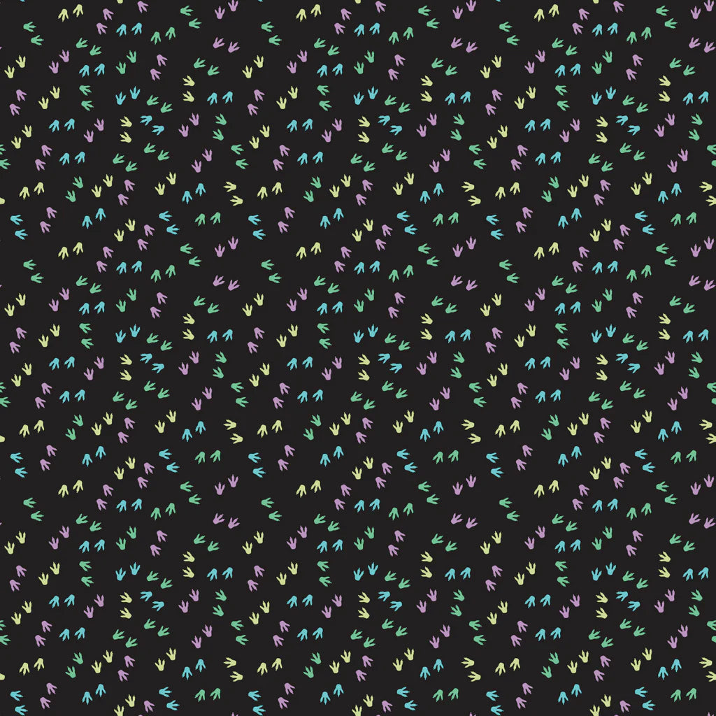 Dino Glow- Black Dino Footprints, Glow: Sold By The 1/2 Yard