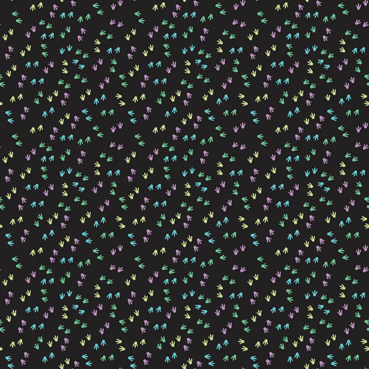 Dino Glow- Black Dino Footprints, Glow: Sold By The 1/2 Yard