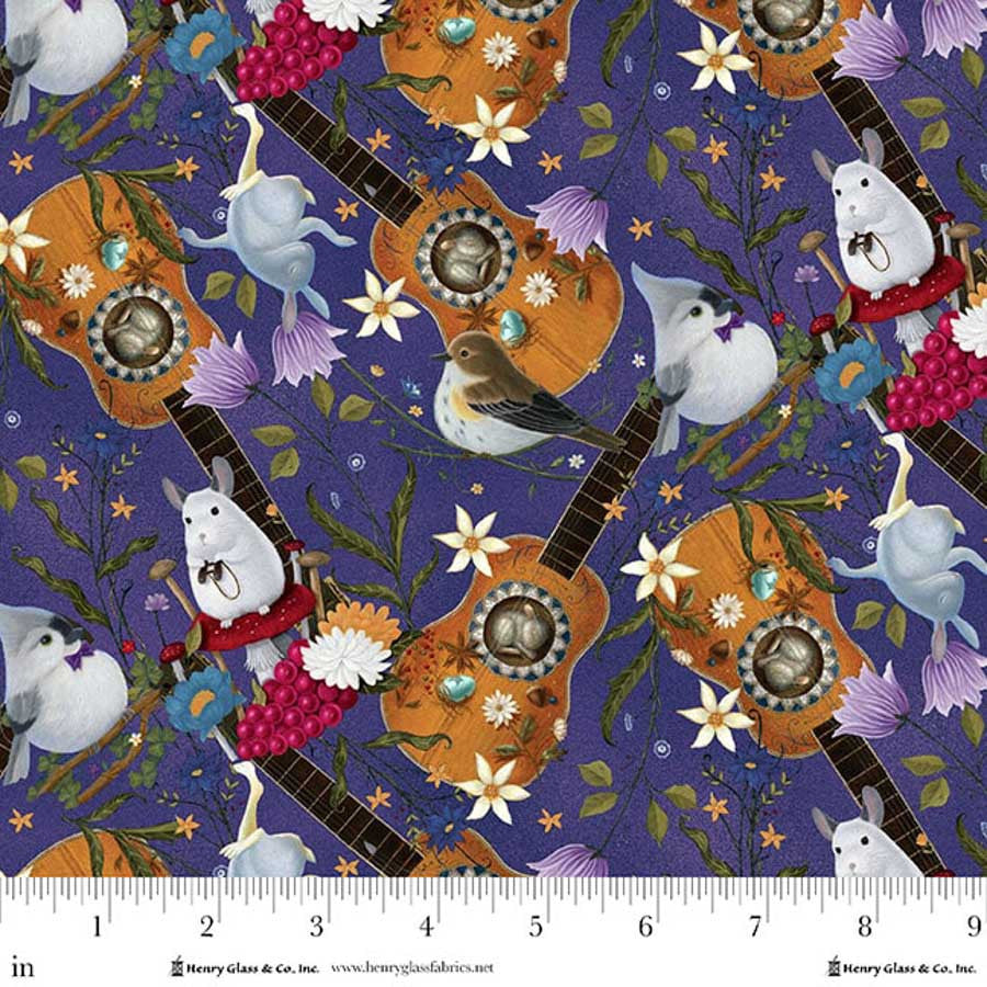 Serenade- Periwinkle Tossed Guitars: Sold By The 1/2 Yard