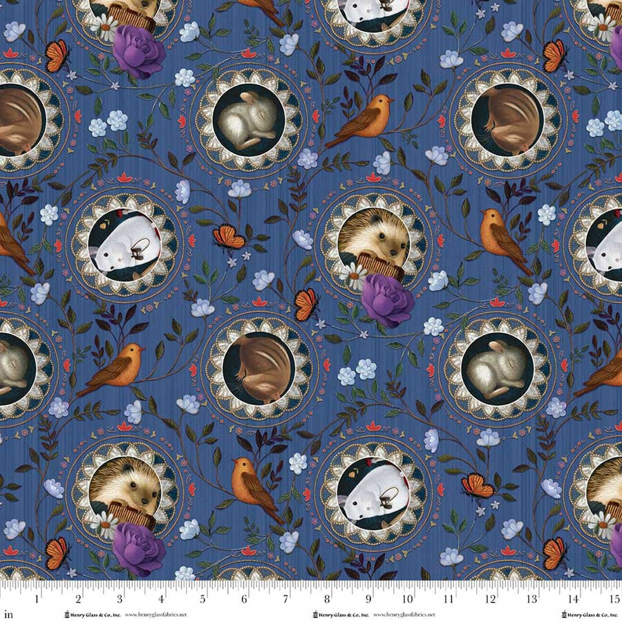 Serenade- Saphire Blue Animal Portraits: Sold By The 1/2 Yard
