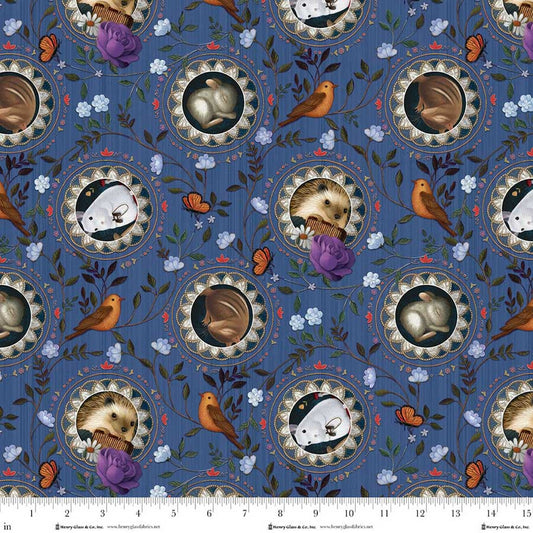 Serenade- Saphire Blue Animal Portraits: Sold By The 1/2 Yard