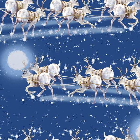 Here Comes Santa- Blue Flying Sleigh: Sold by the 1/2 yard