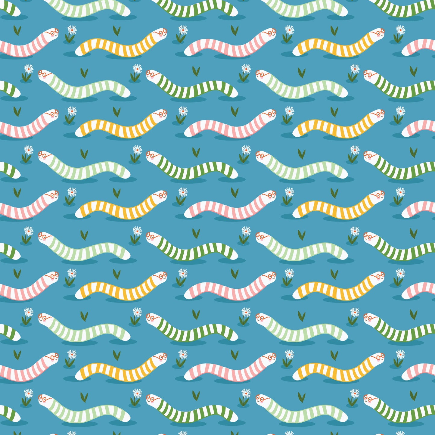Bookworm- Dark Turquoise Wise Worms: Sold by the 1/2 Yard