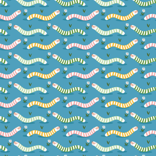 Bookworm- Dark Turquoise Wise Worms: Sold by the 1/2 Yard